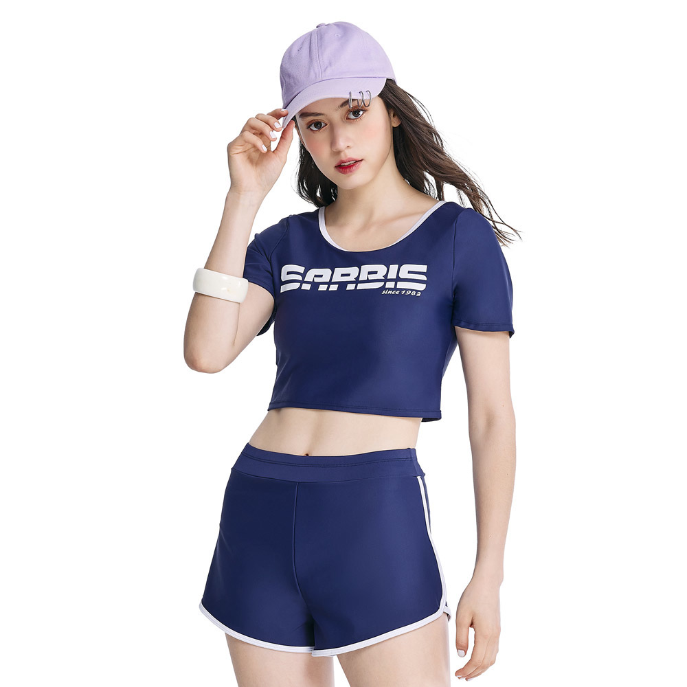 莫妮娜 台灣製 少女短版二件式泳衣藍色 設計款, , large