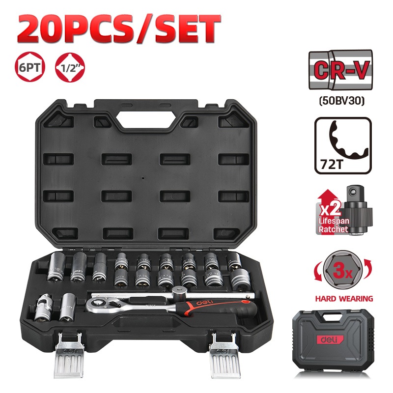【deli tools】1/4 inch Socket Wrench Set 20PCS, , large