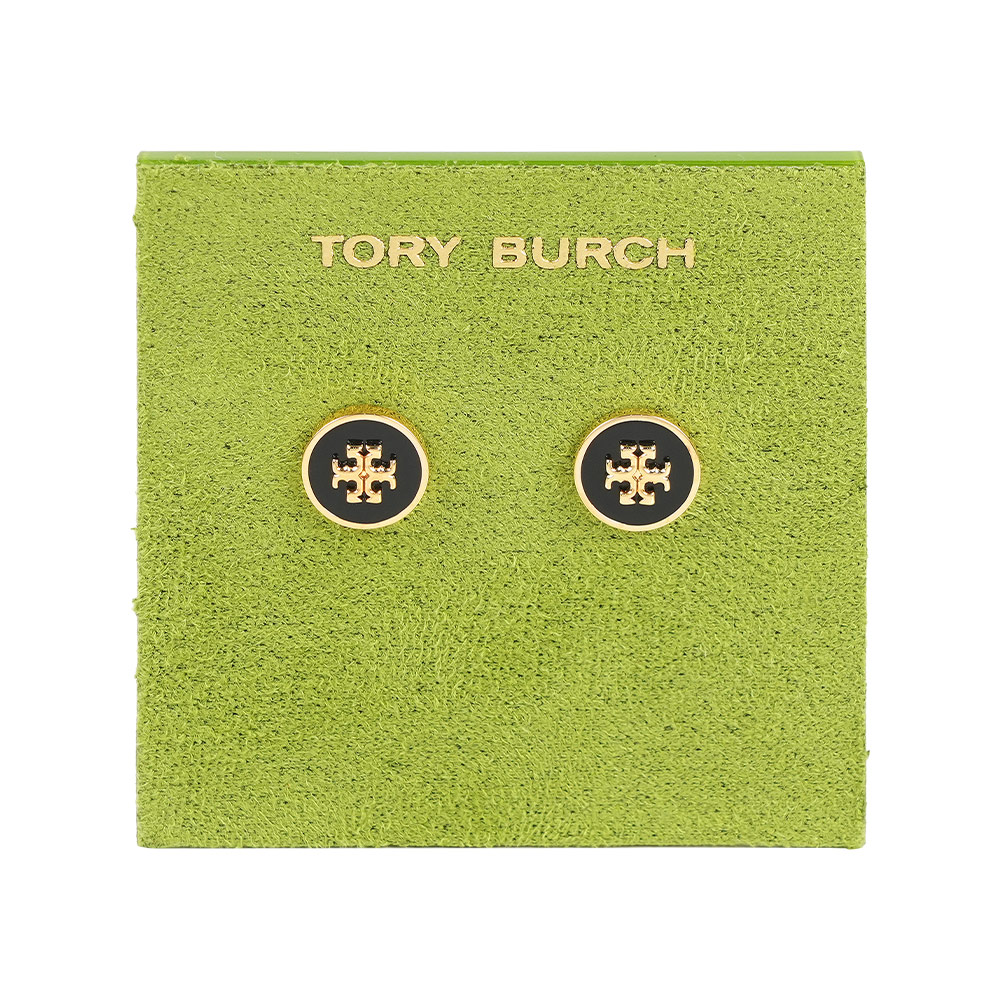 TORY BURCH 經典標誌圓形琺瑯針式耳環(黑色/金色), , large