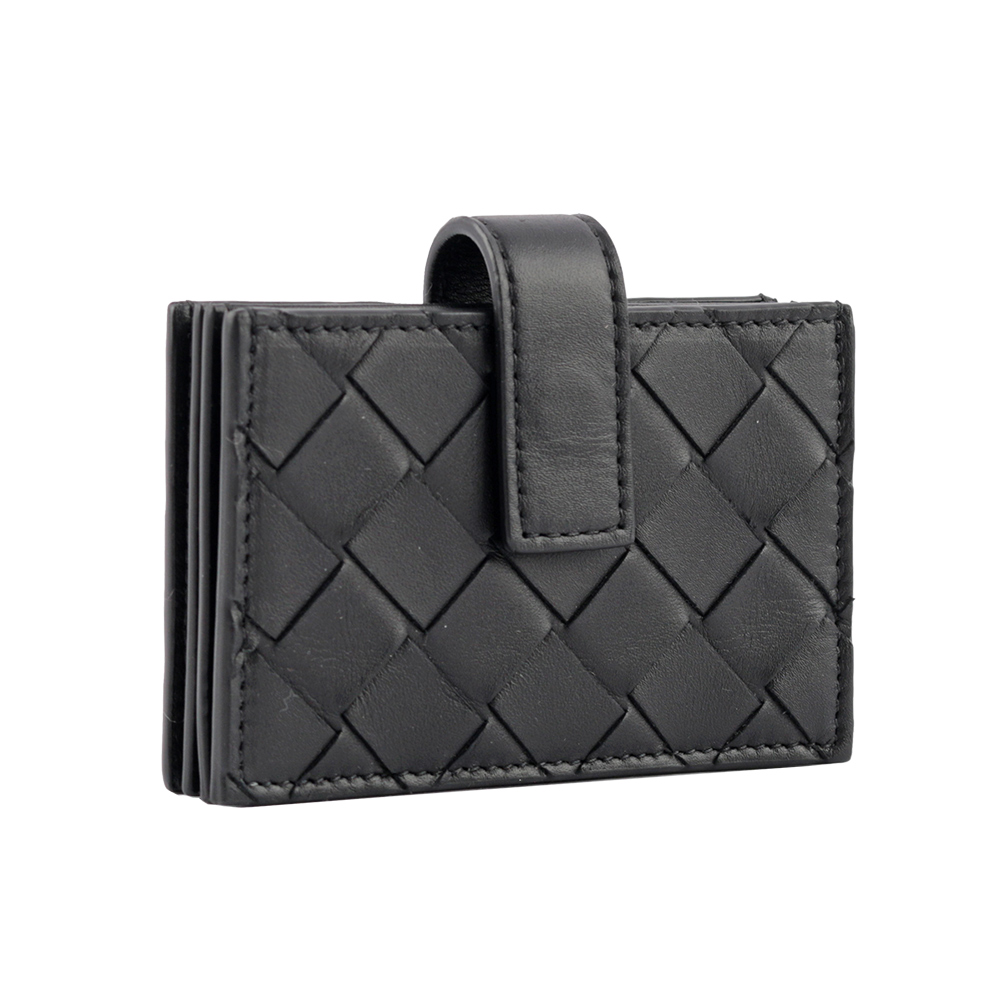 BOTTEGA VENETA 小牛皮編織風琴式壓釦卡片夾/黑色, , large