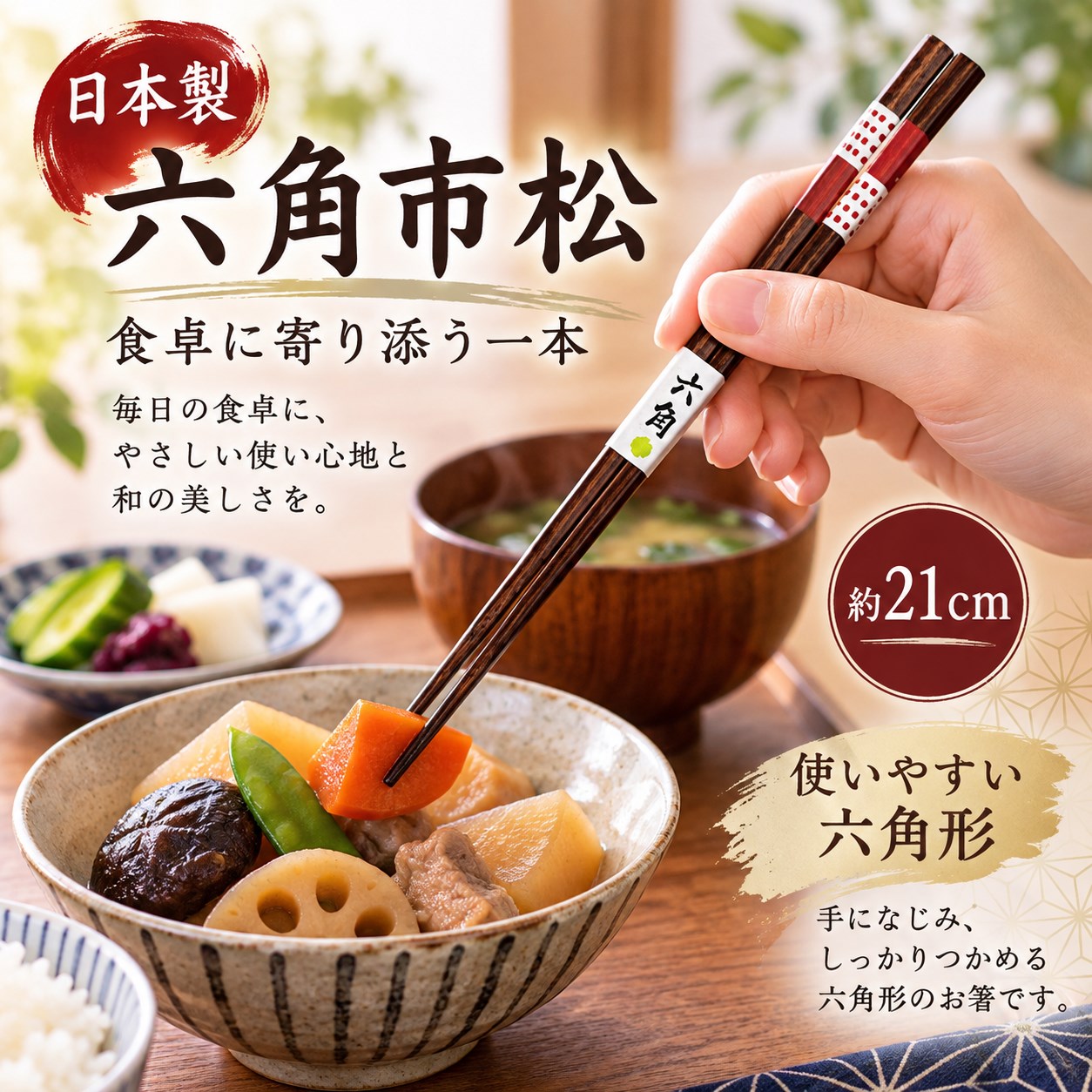 【HIYASU日安工坊】日本工藝箸-六角市松 21cm, , large