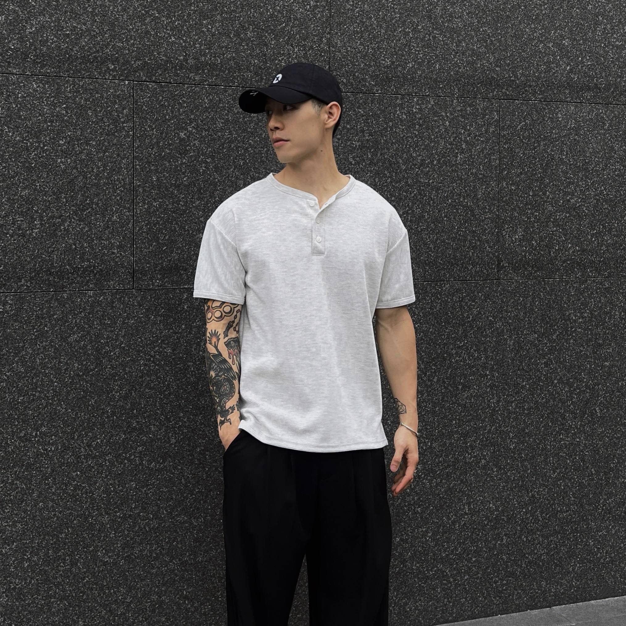 Waffle Henley Boxy T-Shirt, , large