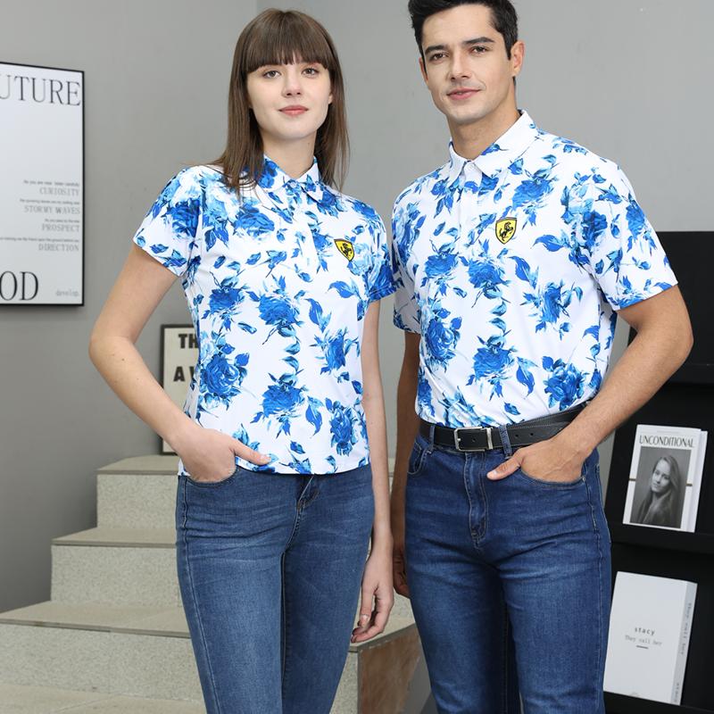【FALALI】Short-sleeved cooling polo shirt - Women's (blue flower) , , large