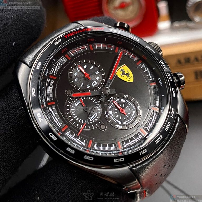 [星晴錶業]FERRARI手錶,46mm,FE00045黑色錶面黑錶殼深黑色真皮皮革錶帶款, , large