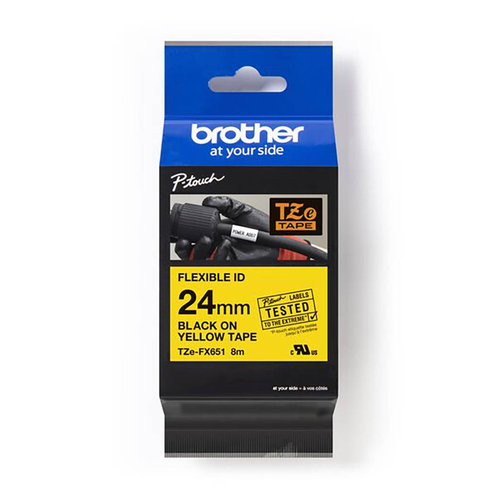 【 BROTHER】兄弟牌  黃底黑字 24mmx8M 抗凍(可彎曲)標籤帶/ 包 TZe-FX651, , large