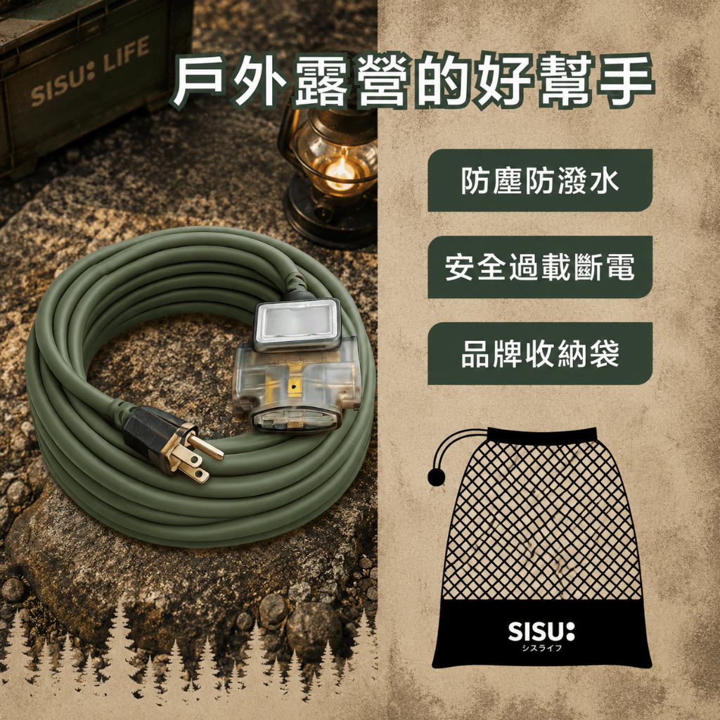《台灣製造》露營動力線-燈-10米-15米-叢林綠-3P過載防護動力線-三插頭-延長線-AX-386-GR, , large