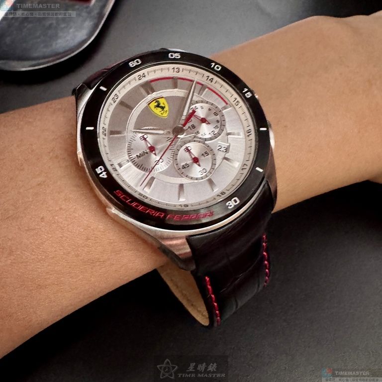 [星晴錶業]FERRARI手錶,46mm,FE00093白色錶面黑錶殼深黑色真皮皮革錶帶款, , large