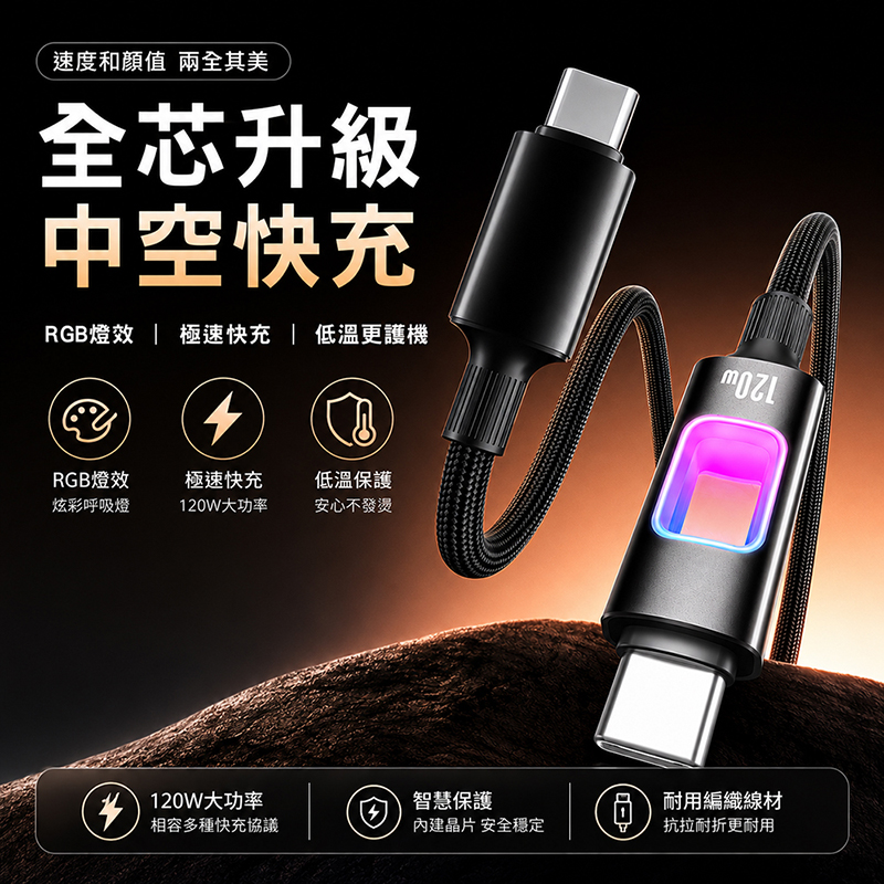 [翊承]【免運 + 贈品】PD 120W 中空炫彩手機閃充編織線TYPE-C TO TYPE-C, , large
