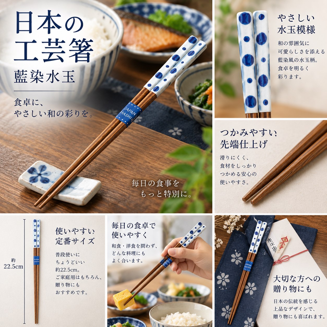 【HIYASU日安工坊】日本工藝箸-藍染水玉, , large