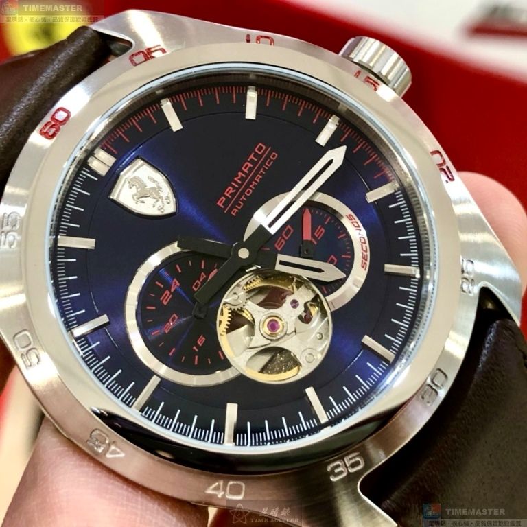 [星晴錶業]FERRARI手錶,44mm,FE00109寶藍色錶面黑錶殼咖啡色真皮皮革錶帶款, , large