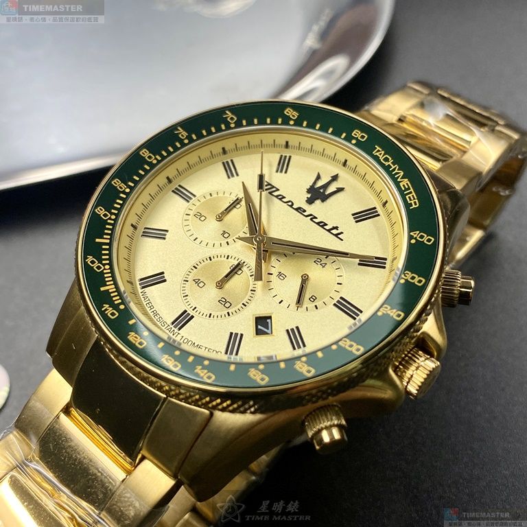 [星晴錶業]MASERATI手錶,44mm,R8873640005金色錶面綠金錶殼金色精鋼錶帶款, , large