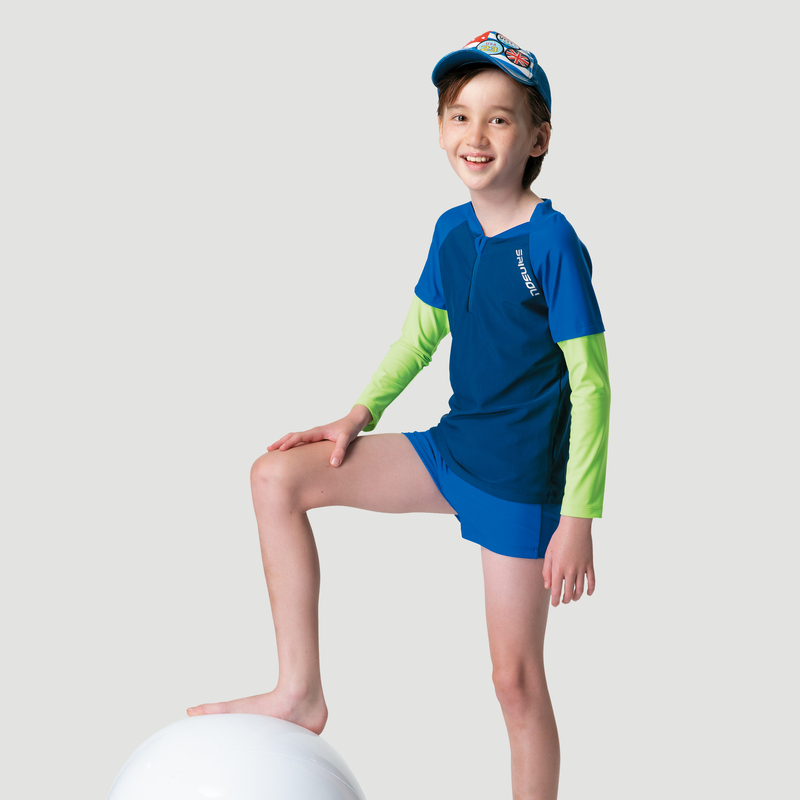 Monina, Made in Taiwan, long-sleeved, UV-resistant two-piece swimsuit, fluorescent blue, suitable for both boys and girls., , large