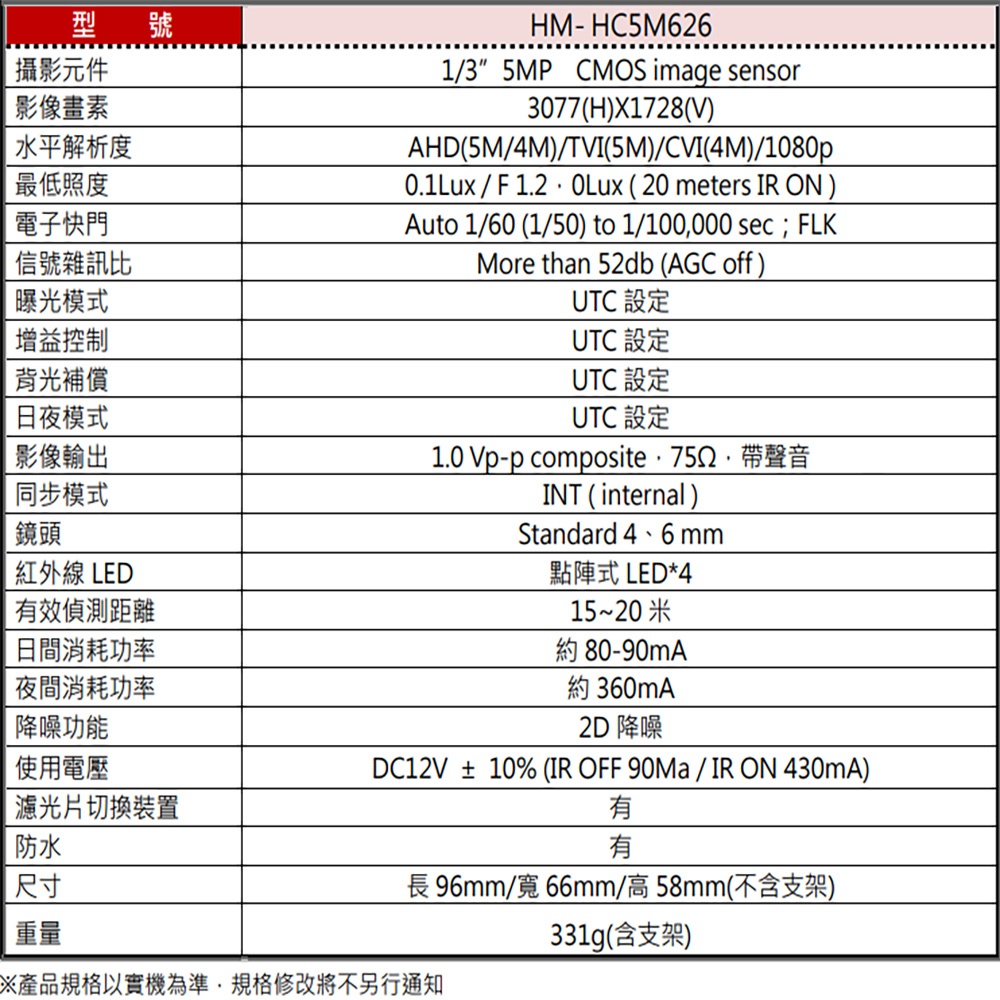 昌運監視器 環名HME HM-5HC626 500萬 TVI 同軸音頻槍型攝影機 內建麥克風 紅外線15-20M, , large