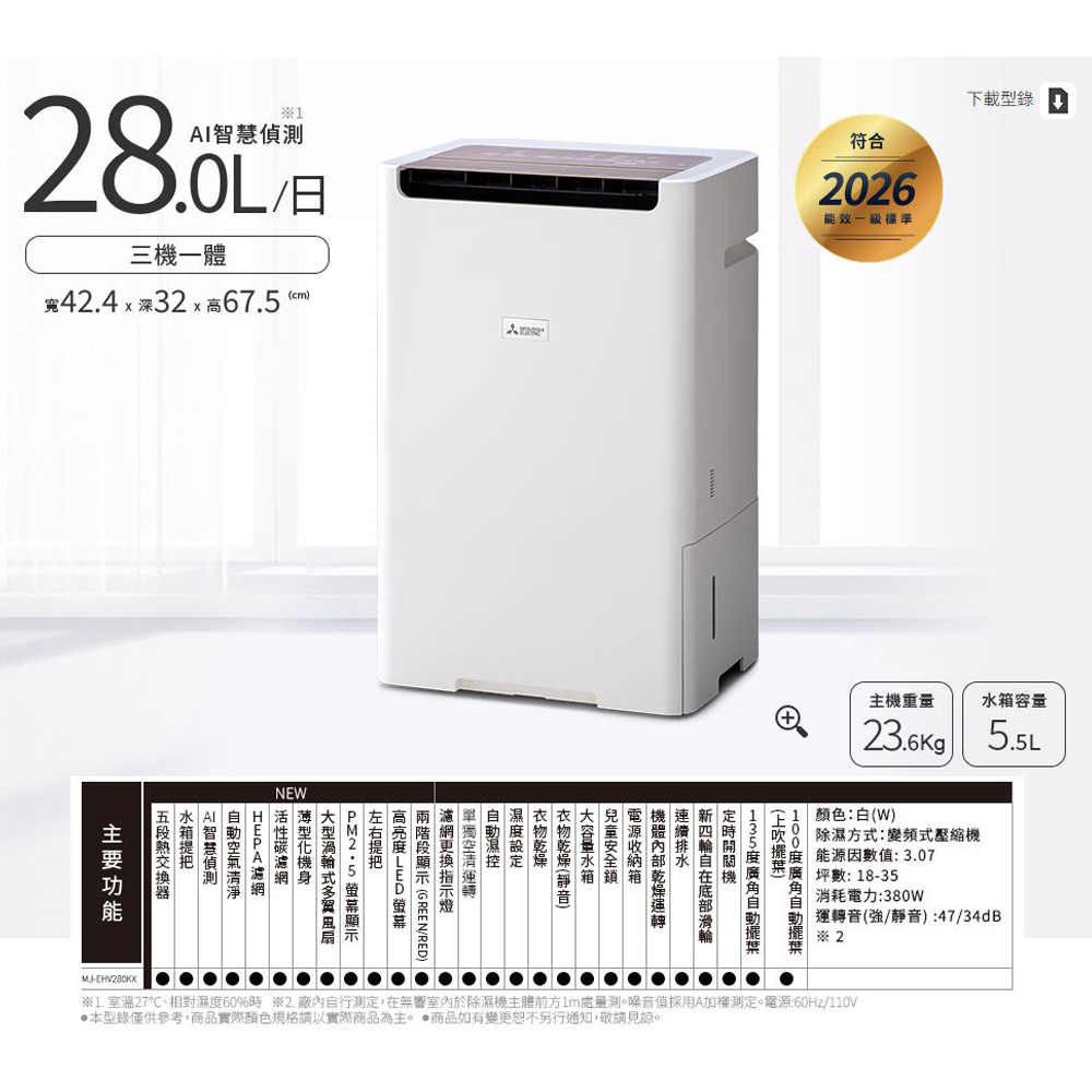 MITSUBISHI 三菱 28L變頻空氣清淨除濕機 MJ-EHV280KX-TW, , large