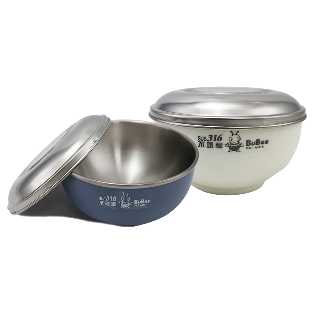 豆豆316不鏽鋼隔熱碗-附不鏽鋼蓋-14cm-莫蘭迪藍x1+白色x1-1組, , large