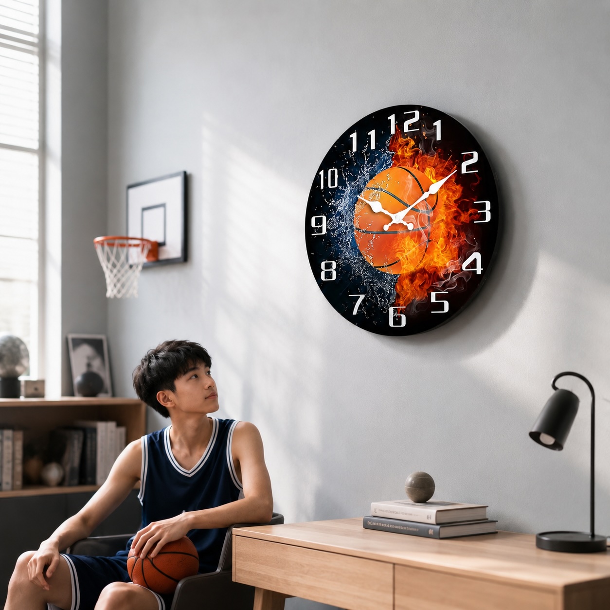 造型壁掛時鐘【火焰籃球】 壁掛時鐘 超靜音掛鐘 時鐘 北歐風時鐘 超靜音時鐘 北歐風掛鐘 簡約時鐘 鐘, , large