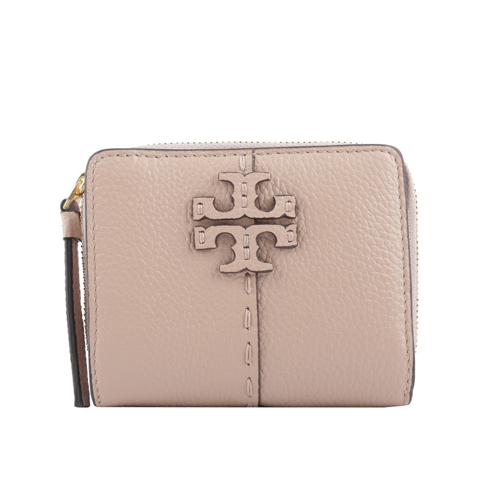 TORY BURCH McGRAW 牛皮暗釦拉鍊零錢袋短夾/沙色, , large
