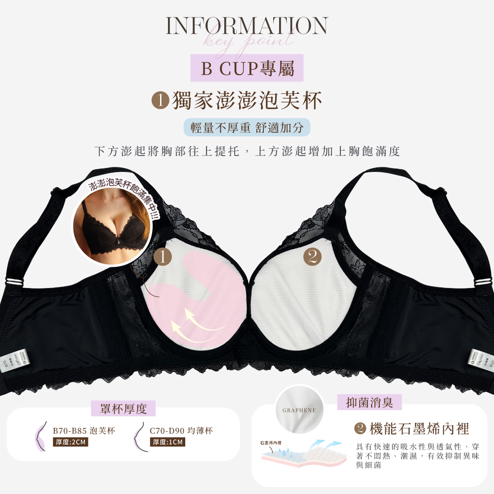 【Clany可蘭霓】沁柔微光 石墨烯蕾絲軟鋼圈BCD蕾絲內衣 ｜集中包覆・透氣抑菌 ｜質感黑 8072-63, , large
