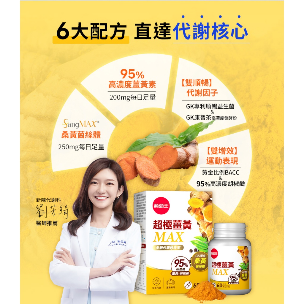 【葡萄王】 超極薑黃MAX複方膠囊 60粒x2盒 共120粒 (薑黃 桑黃 胡椒鹼), , large