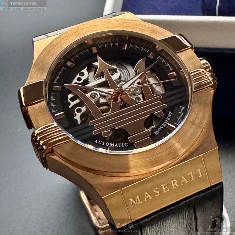 [星晴錶業]MASERATI手錶,42mm,R8821108002機械鏤空錶面玫瑰金錶殼深黑色真皮皮革錶帶款, , large
