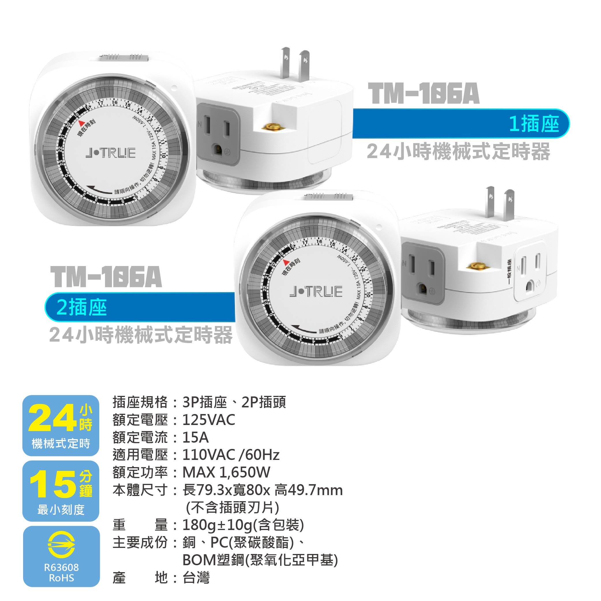 鉅玉經典｜24小時機械式定時器 110V-220V全電壓 定時開關 單插座 定時插座 TM-106A, , large