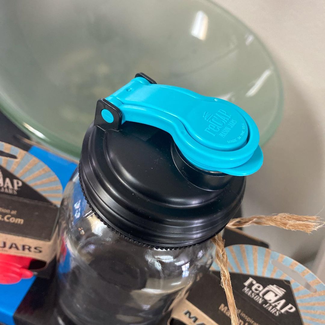 reCAP&reg; 32oz Quart Mason Jars Lid POUR cap Regular Mouth-Black&Blue, , large