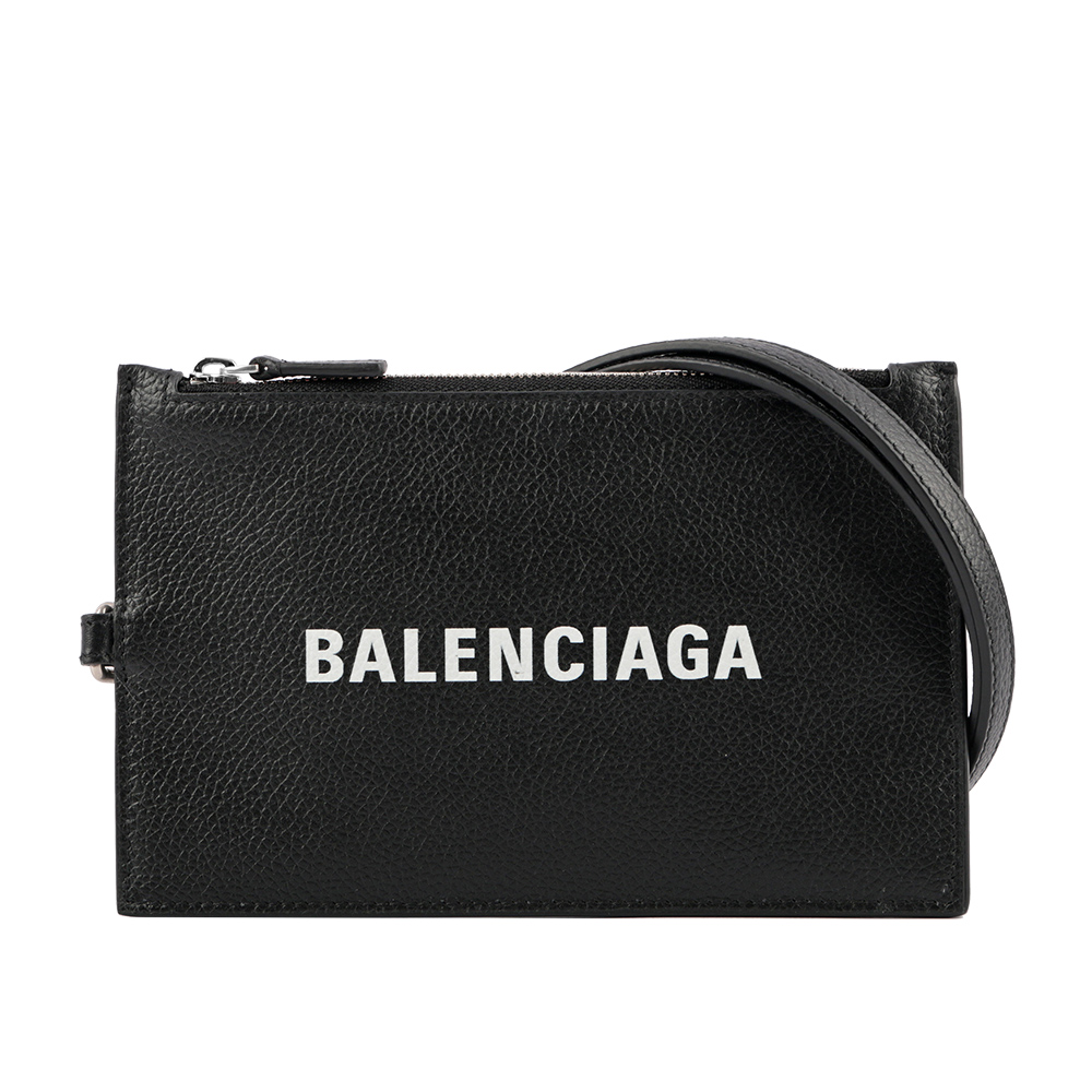 BALENCIAGA 經典Logo牛皮卡片夾(附可拆式掛繩)(黑色), , large
