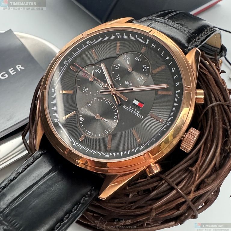 [星晴錶業]TommyHilfiger手錶,44mm,TH00067鐵灰色錶面玫瑰金錶殼深黑色真皮皮革錶帶款, , large