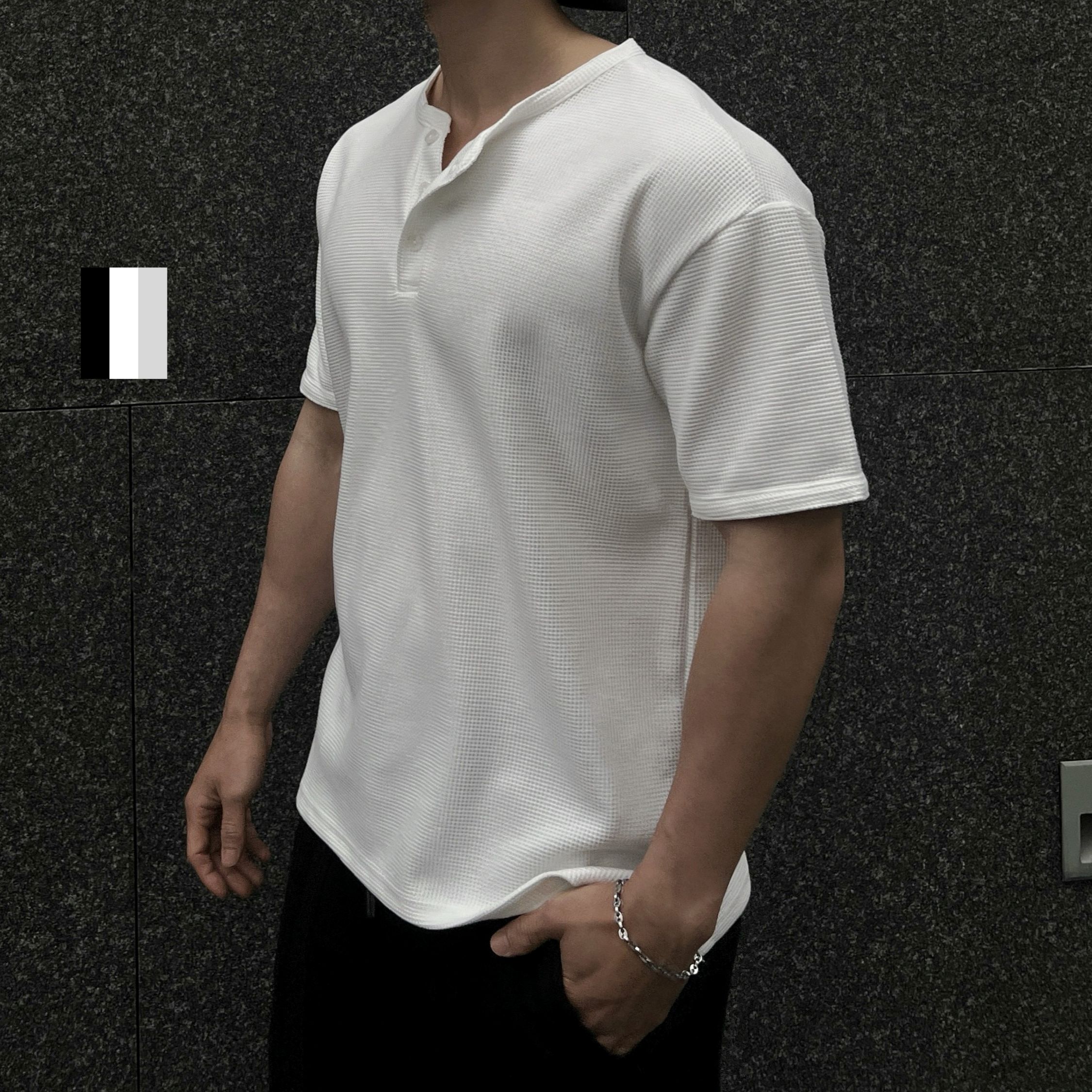 Waffle Henley Boxy T-Shirt, , large