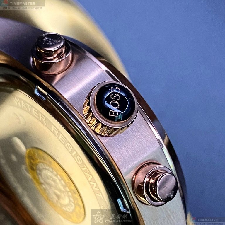 [星晴錶業]BOSS手錶,44mm,HB1513604寶藍色錶面玫瑰金錶殼咖啡色真皮皮革錶帶款, , large