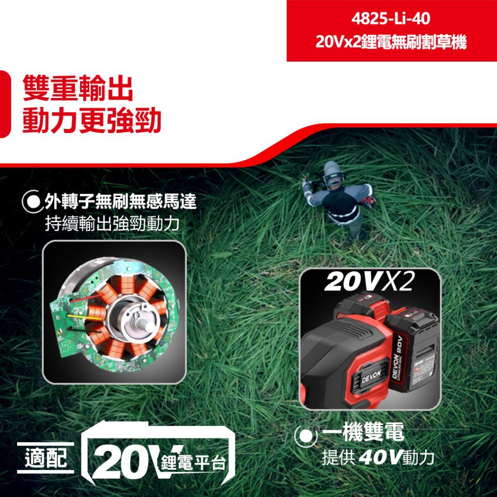 WIN五金 DEVON 大有 10吋充電無刷割草機 40V (20V+20V) <4825-Li-40+5.0電池組> 除草機 電動割草機, , large