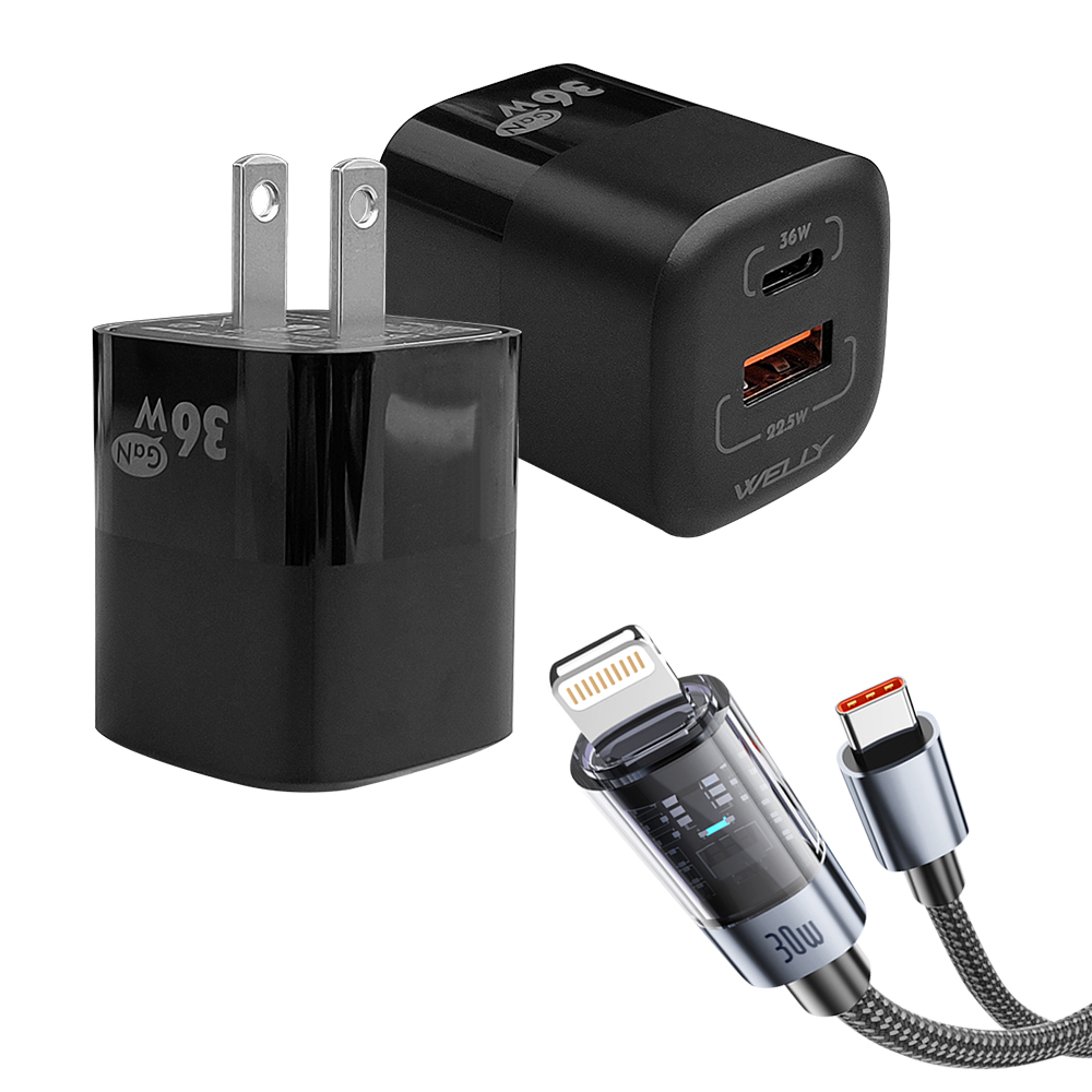 30W 極光芯 Type-C to Lightning 耐拉傳輸充電線+36W氮化鎵GaN 迷你雙孔充電器, , large