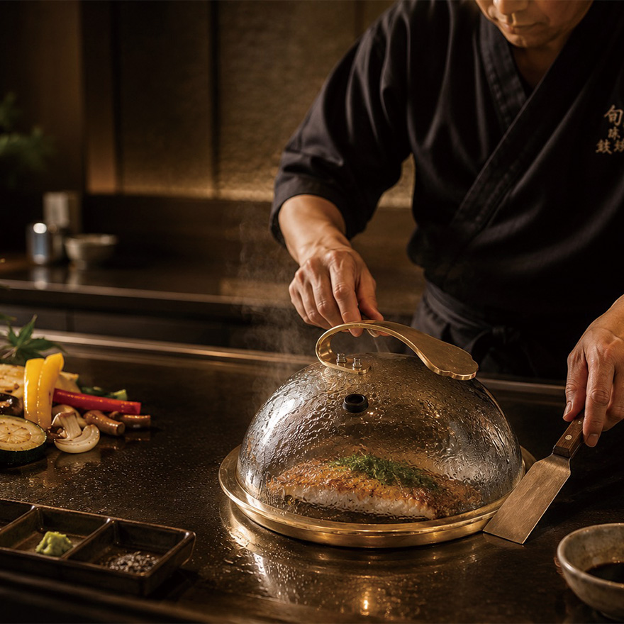 【巴果果】鐵板燒玻璃鍋蓋 28cm 有氣孔耐熱玻璃 不鏽鋼手把(電鍍銅色) 保溫鎖水 牛排/海鮮/鐵板燒適用, , large