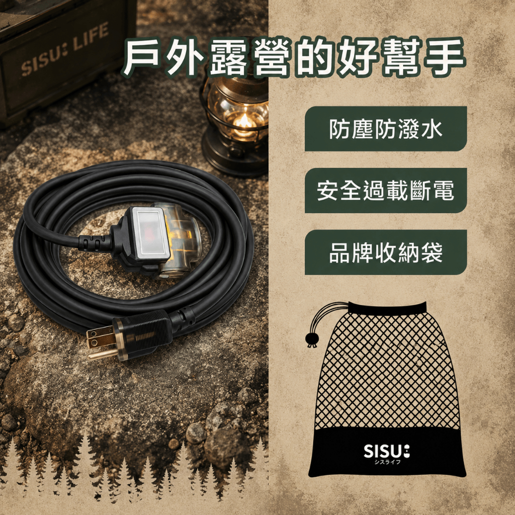 《台灣製造》露營動力線-燈-10米-15米-霧黑-3P過載防護動力線-三插頭-延長線-AX-386-BK, , large