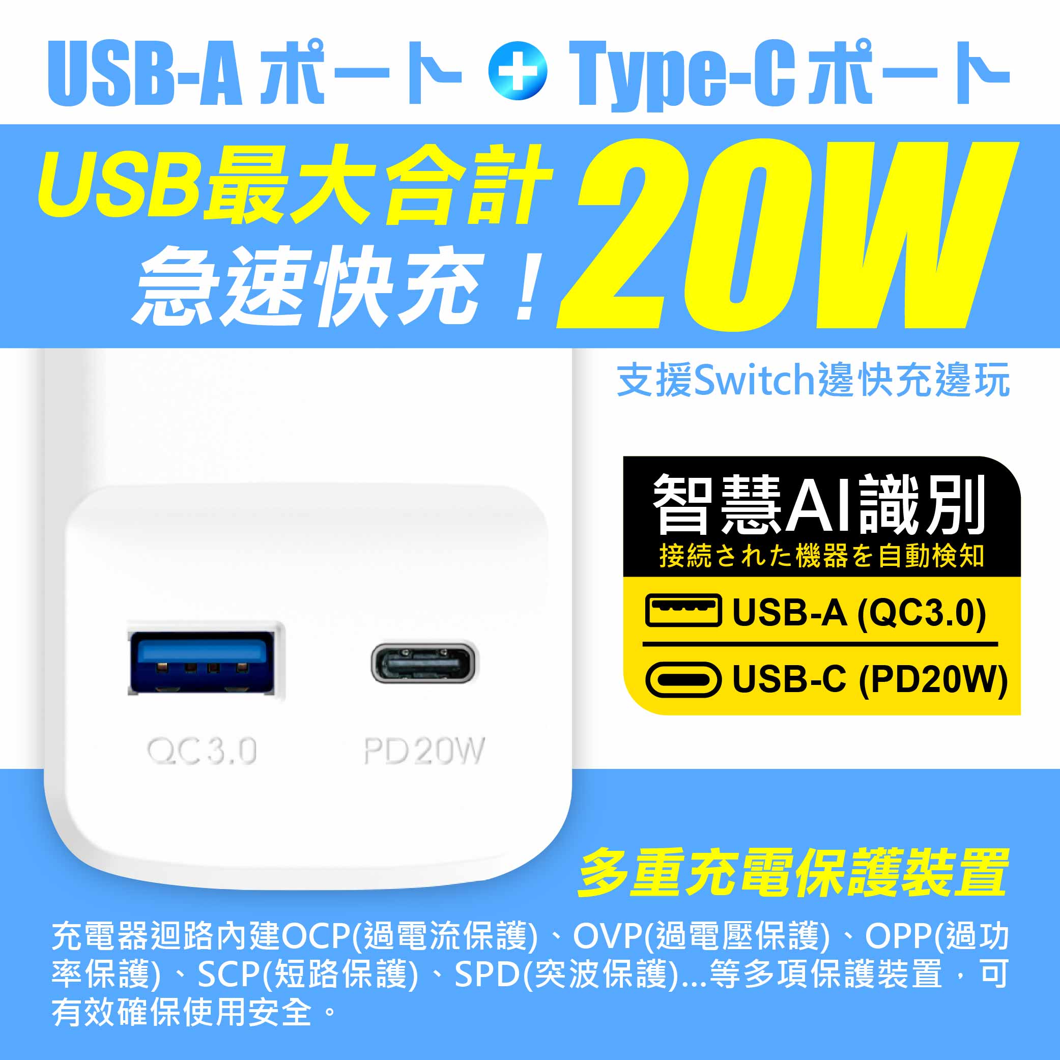 鉅玉經典｜20W智慧充電一開三插延長線 3尺  JY-213DC-3, , large
