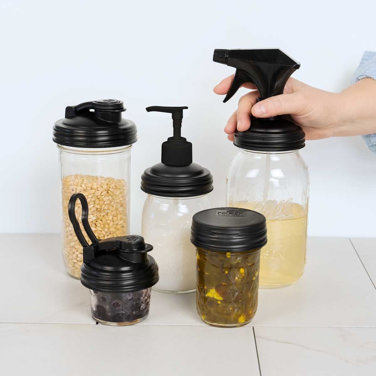 reCAP&reg; 16oz Pint Mason Jar POUR cap Lid Regular Mout-Black, , large