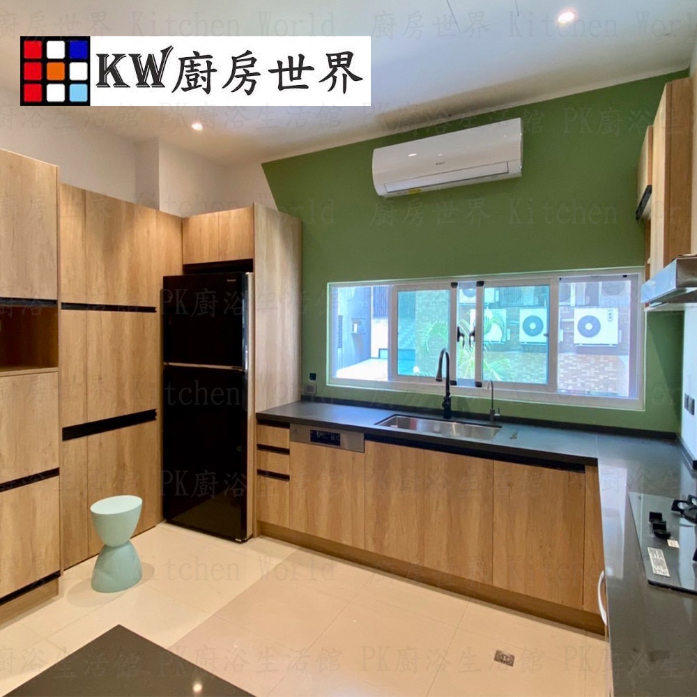 【KW廚房世界】系統廚具 廚房設計 客製化 廚櫃 工廠直營L字型流理台 石英石檯面 木製桶身系統門版 櫻花排油煙機, , large