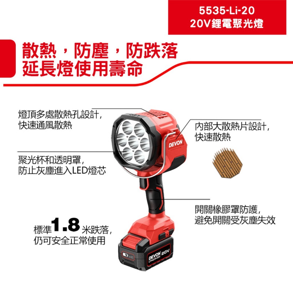 WIN五金 Devon大有 < 5535-Li-20+5.0電池組> 鋰電聚光燈 2800流明 手電筒 LED燈 工作燈 照明燈 手持照明燈, , large