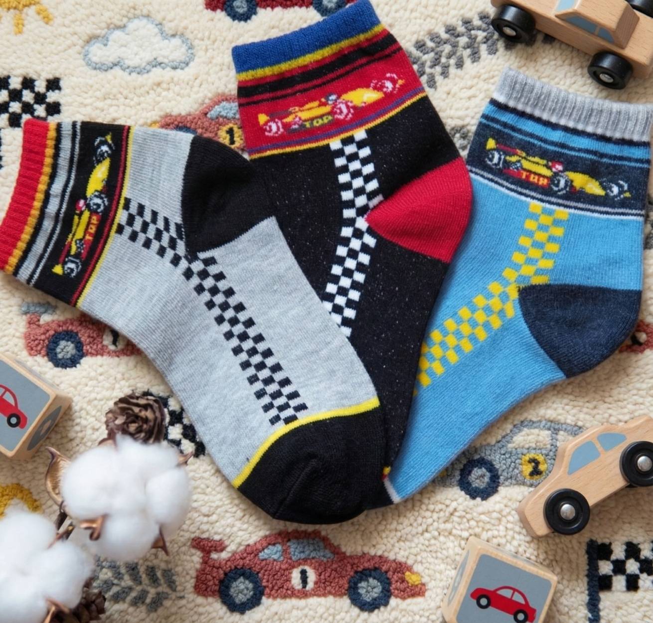Kaimei Cotton] MIT Made in Taiwan Pure Cotton Racing Children's Socks F1 Racing Three Colors 18-22cm-8 Pairs, , large