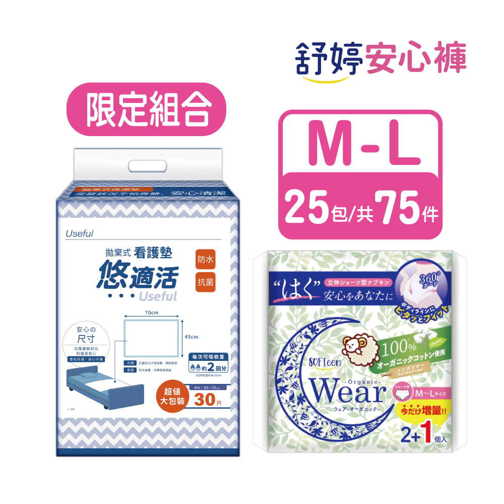 【箱購】舒婷安心褲/褲型衛生棉(25包/共75件)加拋棄式看護墊30片/包, , large