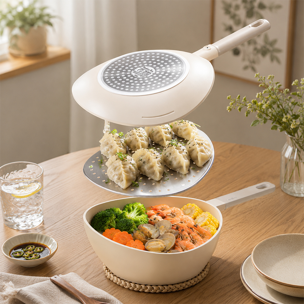 【Taste Plus】悅味元素 小資露營 居家 三角鍋 鈦+陶瓷不沾鍋 上下雙鍋組 24cm(贈蒸盤), , large