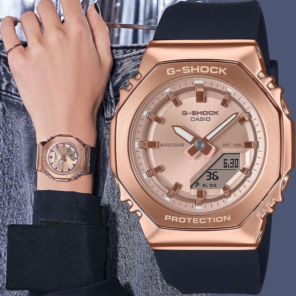 CASIO 卡西歐 G-SHOCK 個性時尚 八角金屬錶殼 雙顯手錶-玫瑰金x黑 GM-S2110PG-1A4, , large