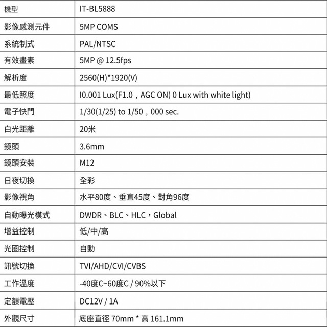 昌運監視器 門市推廣售價 可取 IT-BL5888 500萬畫素 全彩同軸音頻攝影機 管型監視器, , large