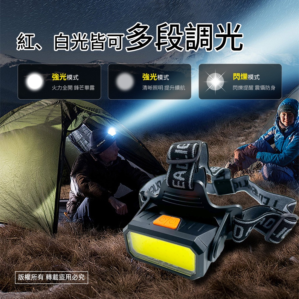 WT-276 Dongtai Red and White COB Headlight Dual-color light source, dual-switch design, USB charging, outdoor rainproof lighting, , large
