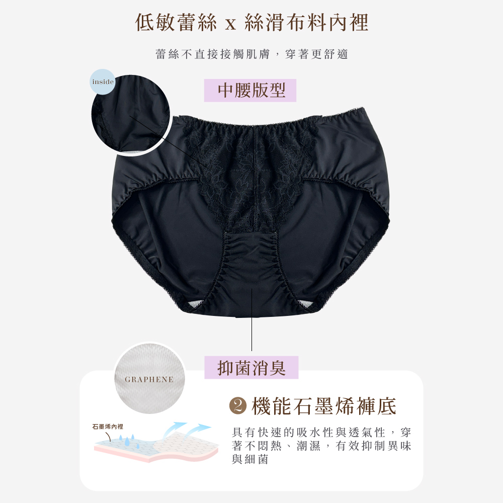 【Clany 可蘭霓】沁柔微光 石墨烯抑菌蕾絲中腰M-XL內褲 ｜質感黑 3072-63, , large
