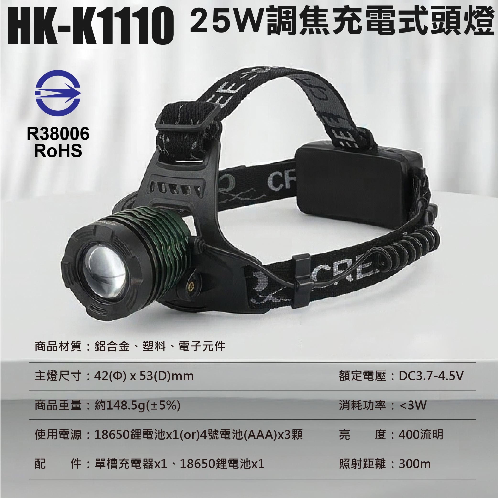 鉅玉經典｜25W調焦充電式頭燈 HK-K1110, , large
