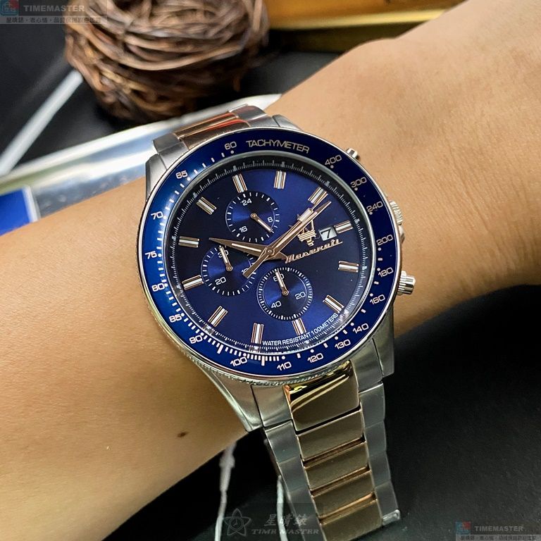 [星晴錶業]MASERATI手錶,44mm,R8873640012寶藍色錶面寶藍錶殼金銀相間精鋼錶帶款, , large