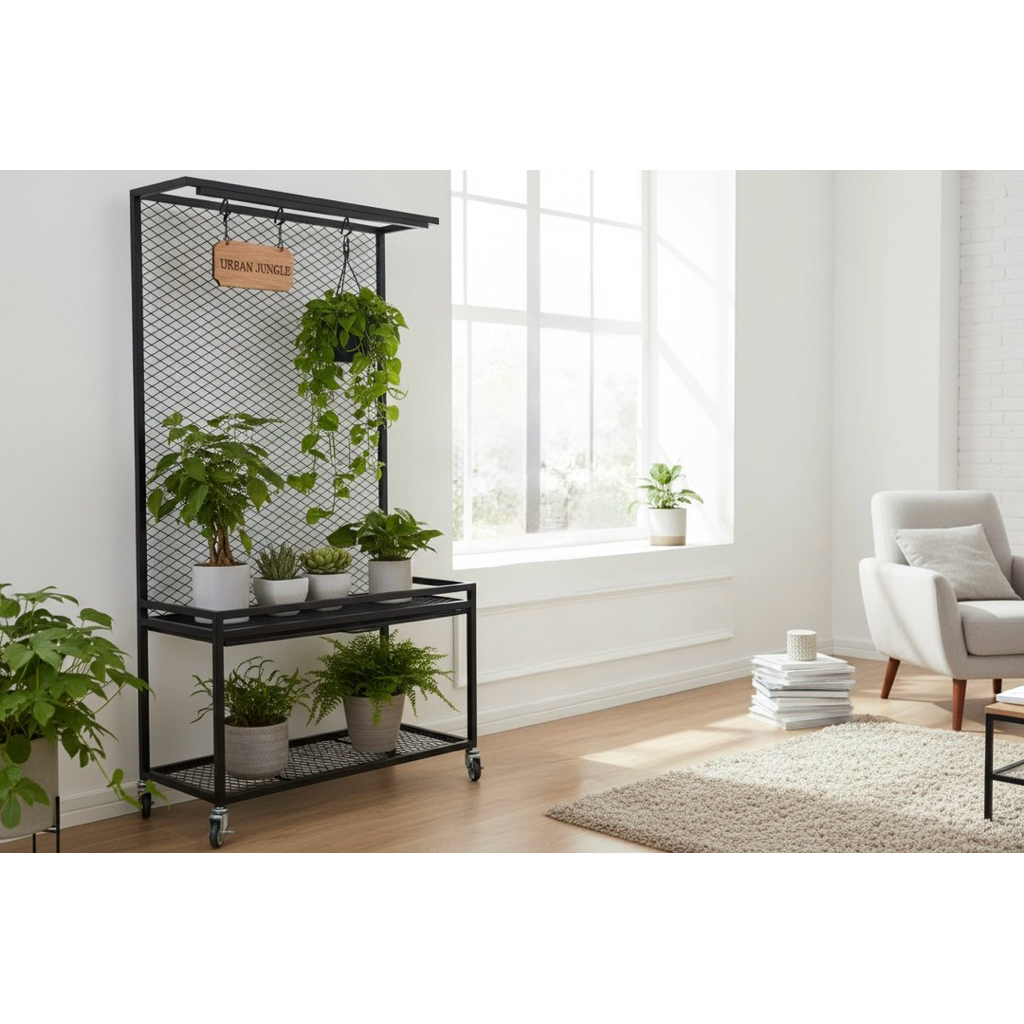 【 SHAONIANNA.TW 】工業風鐵網植物展示架｜100x45x190cm附輪｜一體成型免組裝｜上層集水盤設計花架, , large