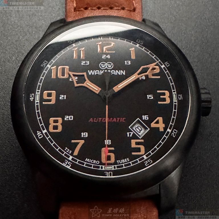 [星晴錶業]WAKMANN手錶,44mm,WA00038黑色錶面黑錶殼咖啡色真皮皮革錶帶款, , large