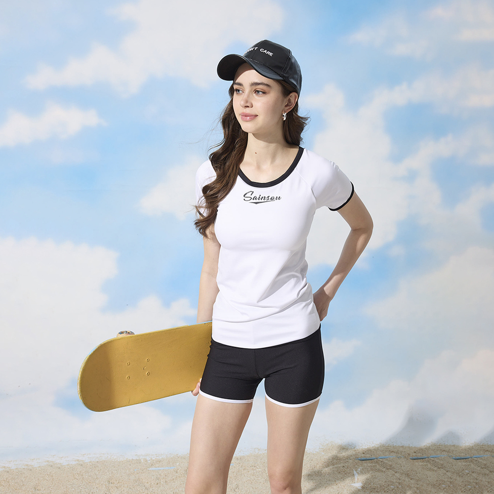 Monina, Made in Taiwan, Girlish American Retro Style Color-Blocked Trim Short-Sleeve Two-Piece Swimsuit, , large